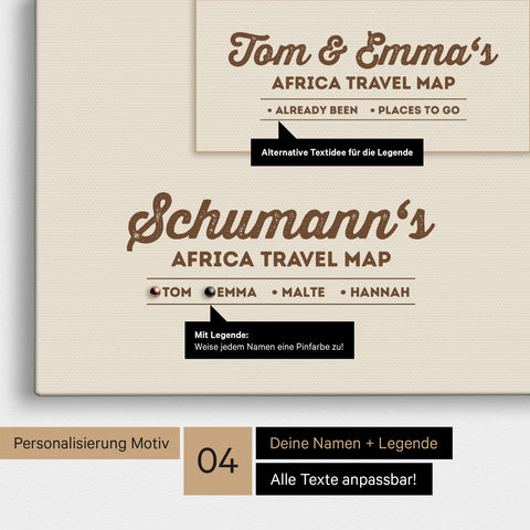 Pinnwand Leinwand einer Afrika-Karte in Bronze mit Personalisierung als Logo mit Familiennamen und Legende