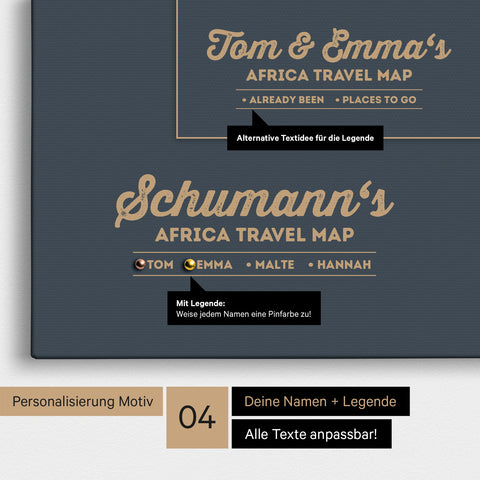 Pinnwand Leinwand einer Afrika-Karte in Hale Navy (Dunkelblau-Gold) mit Personalisierung als Logo mit Familiennamen und Legende