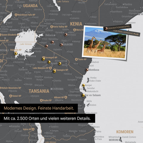 Detailreiche Afrika-Karte als Pinnwand in Light Gray zur Markierung von 2.500 Reisezielen in Tansania, Kenia und vielen anderen afrikanischen Ländern – ideal für die Markierung vergangener Reisen und zukünftiger Reisepläne