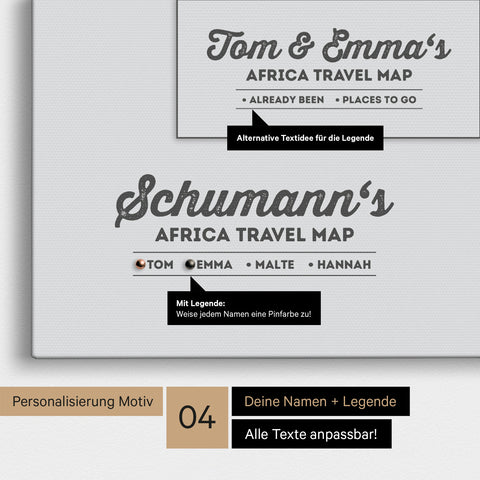 Pinnwand Leinwand einer Afrika-Karte in Multicolor Gray mit Personalisierung als Logo mit Familiennamen und Legende