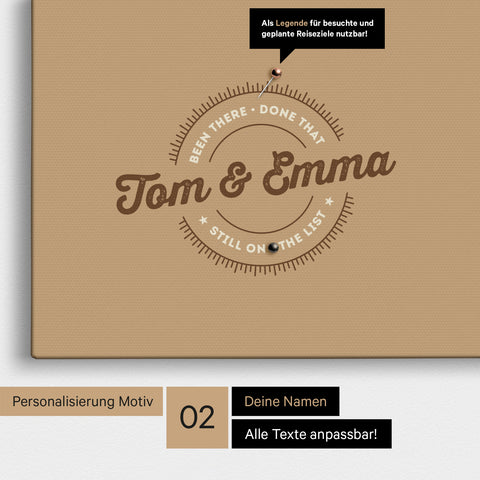 Personalisierte Afrika-Karte als Pinn-Leinwand in Treasure Gold (Gold-Beige) mit eingedruckten Namen und einer Legende zur Markierung von besuchten Orten