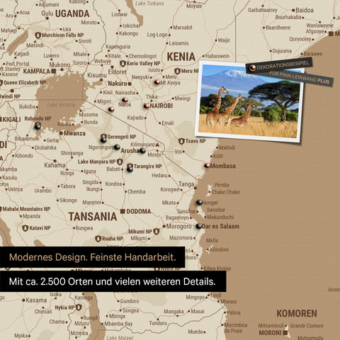 Detailreiche Afrika-Karte als Pinnwand in Treasure Gold (Gold-Beige) zur Markierung von 2.500 Reisezielen in Tansania, Kenia und vielen anderen afrikanischen Ländern – ideal für die Markierung vergangener Reisen und zukünftiger Reisepläne