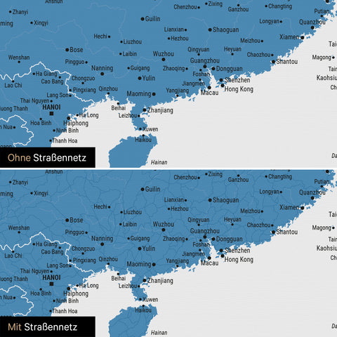 Vergleich einer Australien-Karte in Farbe Blau mit und ohne Straßennetz