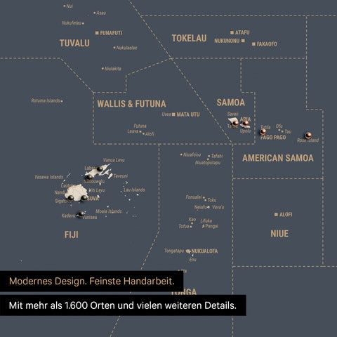 Sehr detaillierte Landkarte von Ozeanien in Farbe Hale Navy (Dunkelblau Gold) mit allen Inseln und Atollen in der Südsee