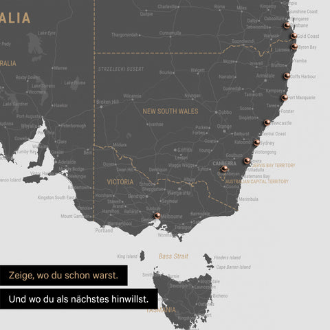 Ausschnitt einer Landkarte von Australien in Farbe Light Gray mit Pins zur Markierung von besuchten Reisezielen