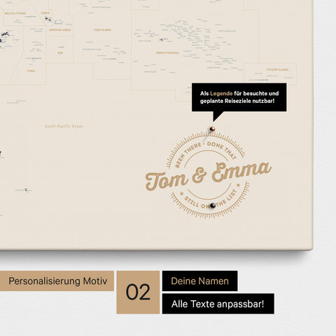Personalisierte Australien-Karte als Pinn-Leinwand in Farbe Navy Light mit eingedruckten Namen und einer Legende zur Markierung von besuchten Orten