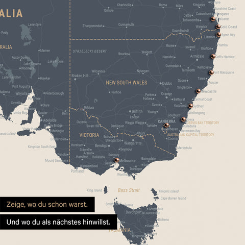 Ausschnitt einer Landkarte von Australien in Farbe Navy Light mit Pins zur Markierung von besuchten Reisezielen