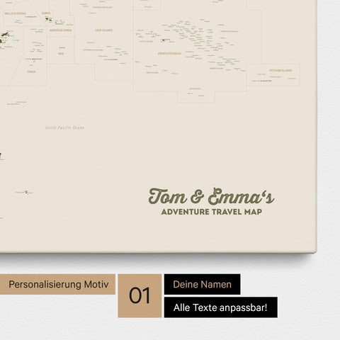 Australien-Karte Pinn-Leinwand in Farbe Olive Green mit personalisiertem Text