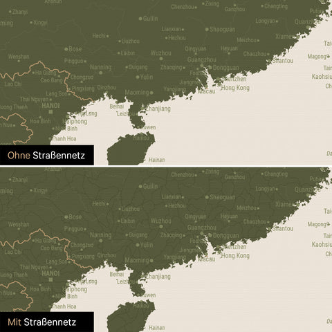 Vergleich einer Australien-Karte in Farbe Olive Green mit und ohne Straßennetz