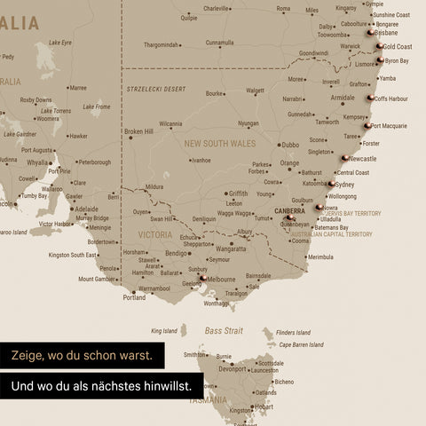 Ausschnitt einer Landkarte von Australien in Farbe Bronze mit Pins zur Markierung von besuchten Reisezielen