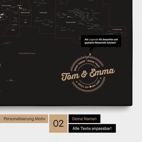 Personalisierte Australien-Karte als Pinn-Leinwand in Farbe Schwarz-Weiß mit eingedruckten Namen und einer Legende zur Markierung von besuchten Orten