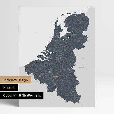 Neutrale Standard Ausführung der detaillierten Benelux-Karte als Pinnwand Leinwand in Denim Blue ohne Personalisierung
