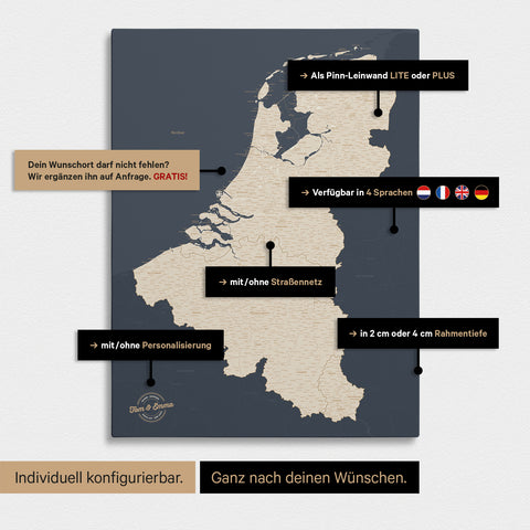 Benelux-kaart TRAVEL® Canvas Prikbord – Hale Navy