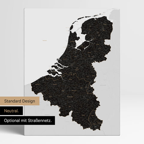 Neutrale Standard Ausführung der detaillierten Benelux-Karte als Pinnwand Leinwand in Light Black ohne Personalisierung