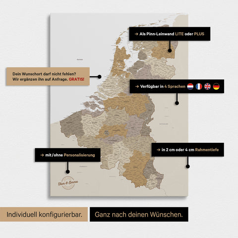Benelux-kaart TRAVEL® Canvas Prikbord – Multicolor Beige