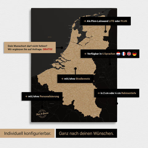 Benelux-kaart TRAVEL® Canvas Prikbord – Sonar Black