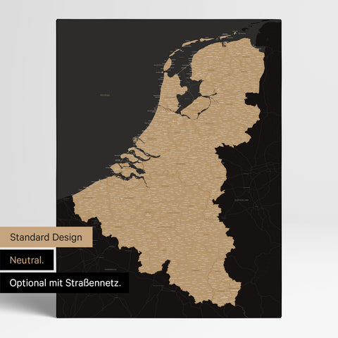 Neutrale Standard Ausführung der detaillierten Benelux-Karte als Pinnwand Leinwand in Sonar Black ohne Personalisierung