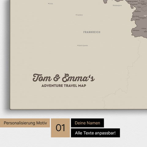 Landkarte von Niederlande, Belgien und Luxemburg als Pinnwand Leinwand in Warmgray mit Personalisierung und Namen in einer modernen Schreibschrift