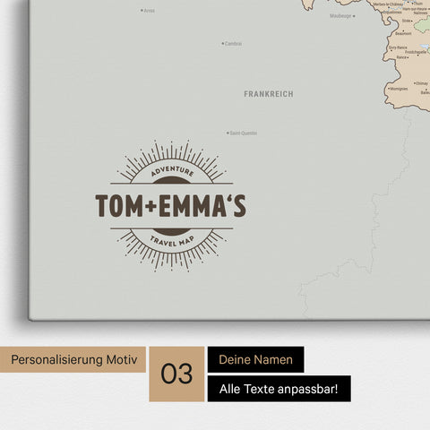 Politische Benelux-Karte Pinn-Leinwand in Multicolor Grau mit Personalisierung als rundes Logo, das eine Legende für bereits besuchte Reiseziele im Rundtext beinhaltet
