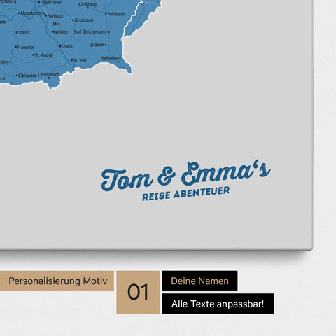 DACH-Karte als Pinnwand Leinwand in Blau mit Personalisierung und Eindruck mit deinem Namen