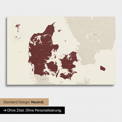 Neutral Version of a Denmark Map as a Push Pin Map in Bordeaux Red