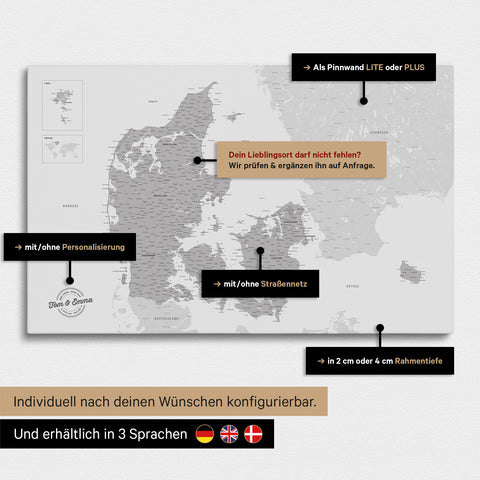 Diverse configuration options for a Denmark map as a Coolgray Push Pin Map