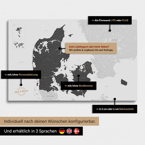 Diverse configuration options for a Denmark map as a Push Pin Map in Light Gray