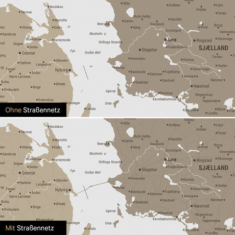 Dänemark-Karte Pinn-Leinwand in Multicolor Beige mit optional eingedrucktem Straßennetz aus Autobahnen und Landstraßen