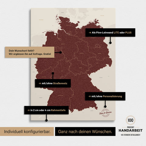 Vielfältige Konfigurationsmöglichkeiten einer Deutschland-Karte als Pinn-Leinwand in Bordeaux Rot