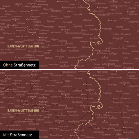 Deutschland-Karte Leinwand in Bordeaux Rot wahlweise mit oder ohne Straßennetz