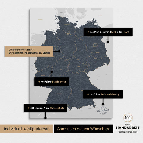 Vielfältige Konfigurationsmöglichkeiten einer Deutschland-Karte als Pinn-Leinwand in Denim Blue