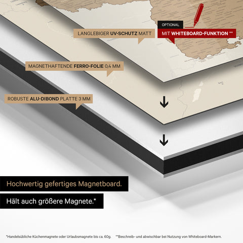 Deutschland-Karte auf magnethaftende Ferro-Folie gedruckt, auf Alu-Dibond-Tafel geklebt und mit UV-Schutz kaschiert