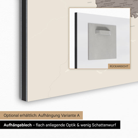 Aufhängeblech für magnetische Deutschland-Karte zur einfachen Wandmontage für eine flach anliegende Optik