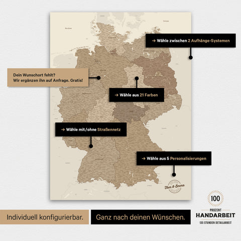Übersicht über die vielfältigen Konfigurationsmöglichkeiten einer magnetischen Deutschland-Karte als Magnetboard in Multicolor Brown, von der Auswahl des Aufhänge-Systems über Farben bis zum Detailgrad