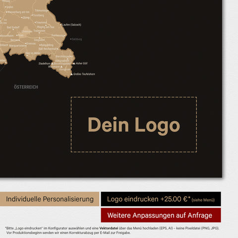 Weltkarte als Deutschland-Karte in Sonar Black mit Eindruck eines Firmenlogos
