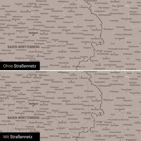 Magnetische Deutschland-Karte in Warmgray (Braun-Grau) mit optionalem Straßennetz von Autobahnen und Landstraßen