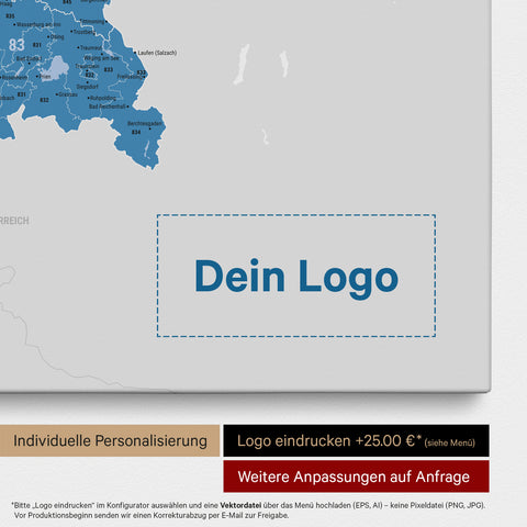 Duitsland-kaart PLZ® (postcodegebieden) Canvas Prikbord – Oceaan Blauw