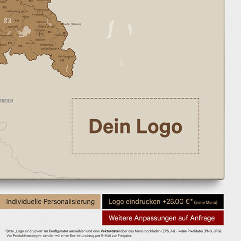 Duitsland-kaart PLZ® (postcodegebieden) Canvas Prikbord – Brons