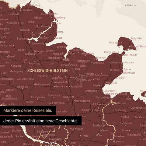 Detail einer Deutschland-Karte als Poster in Bordeaux Rot mit Pins in Schleswig-Holstein