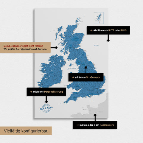 Diverse configuration options for an England & Great Britain map in blue