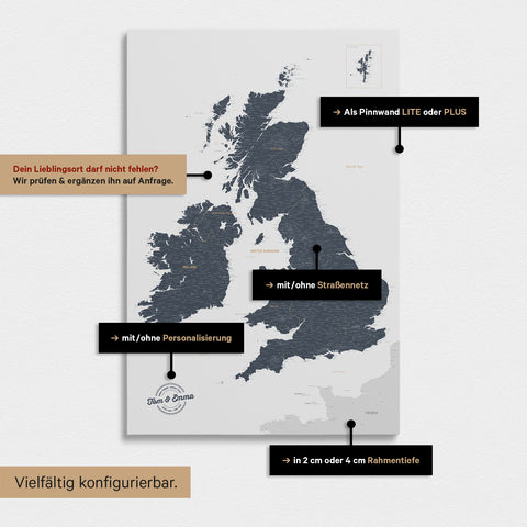 Vielfältige Konfigurationsmöglichkeiten einer England- & Großbritannien-Karte in Denim Blue