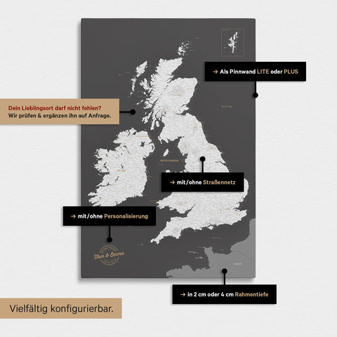 Vielfältige Konfigurationsmöglichkeiten einer England- & Großbritannien-Karte in Dunkelgrau