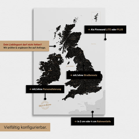 Various configuration options for an England & Great Britain map in Light Black