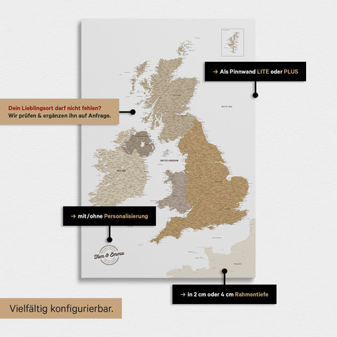 Versatile configuration options for an England & Great Britain map in multicolor beige