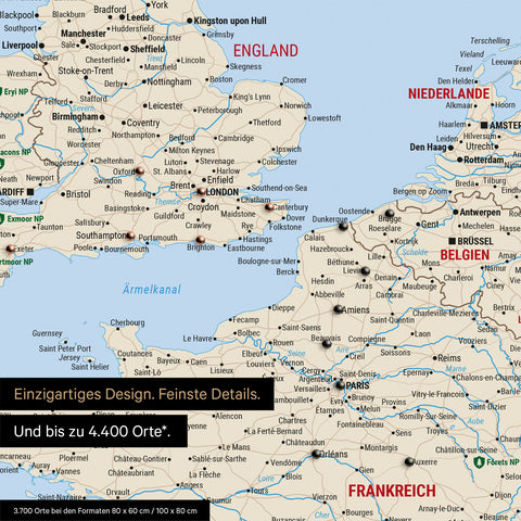 Europa Landkarte in Multicolor Classic als Leinwand zum Pinnen zeigt einen Ausschnitt von England, Frankreich und Belgien mit vielen Details wie Nationalparks, Flüssen und zahlreichen kleinen Orten und Städten, die teilweise mit Pins markiert sind