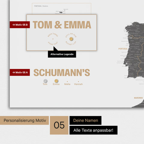 Magnetische Europa-Karte in einem modernen Design in Light Gray als Magnetboard mit Personalisierung als Logo mit einer Weltkugel