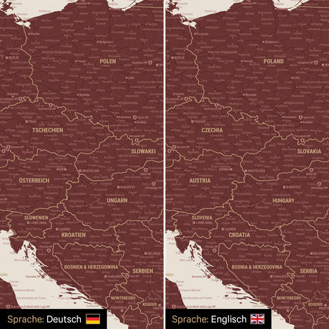 Europa Landkarte Design in Bordeaux Rot wahlweise in deutscher oder englischer Sprache