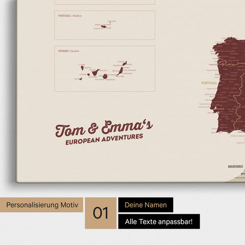 Map of Europe as a pinboard canvas in Bordeaux red with personalization and name in a modern script font