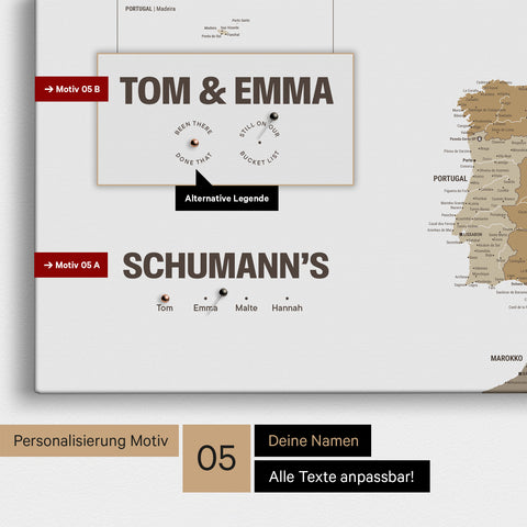 Europa-Karte in einem modernen Design in Multicolor Beige als Pinn-Leinwand mit Personalisierung als Logo mit einer Weltkugel