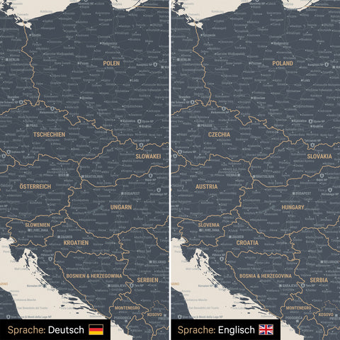 Europa Landkarte Design in Navy Light wahlweise in deutscher oder englischer Sprache